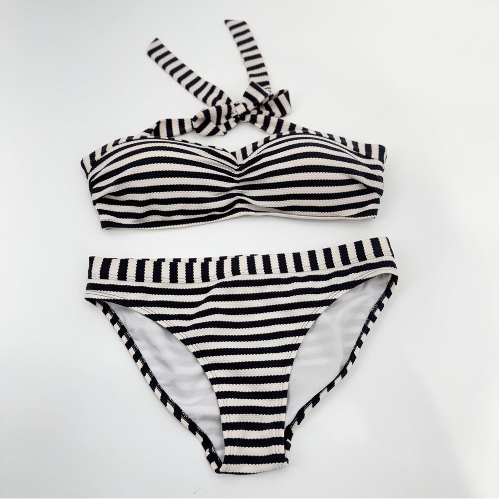 Boden Black White Striped Bikini Set Bandeau Top Bottoms Textured Mixed Size Set
